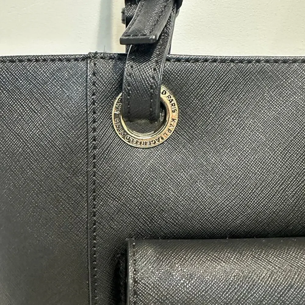 Karl Lagerfeld Black Saffiano Leather Tote Handbag Purse - Adjustable Straps - Picture 3 of 12